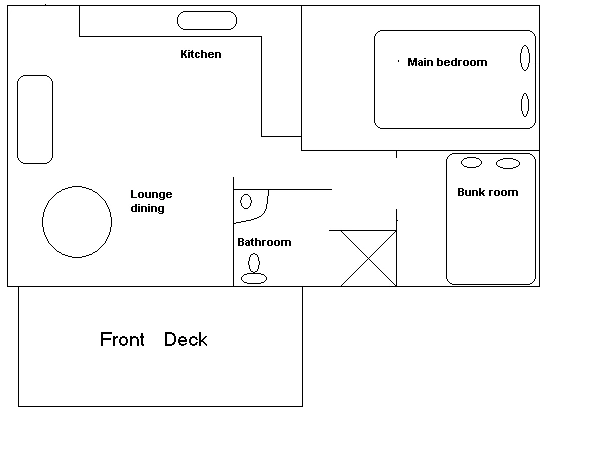 Floorplan of cabin 120, sleeps 5: main bedroom, ensuite, bunks, kitchen, dining, lounge and deck