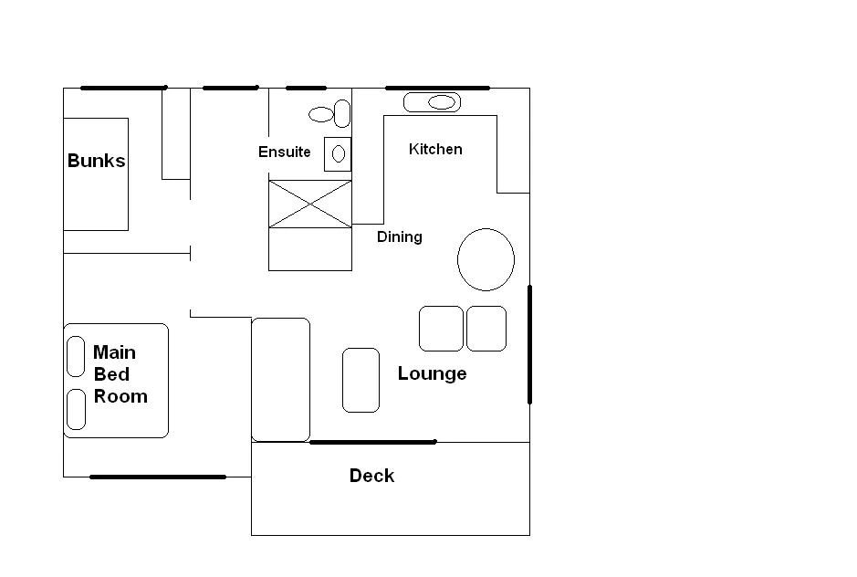 Floorplan of cabin 93, sleeps 5: main bedroom, bunk room, bathroom, kitchen and living area