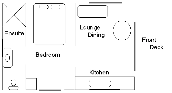 Floorplan of cabin 5, sleeps 4: bedroom, ensuite, kitchen, lounge dining and front deck
