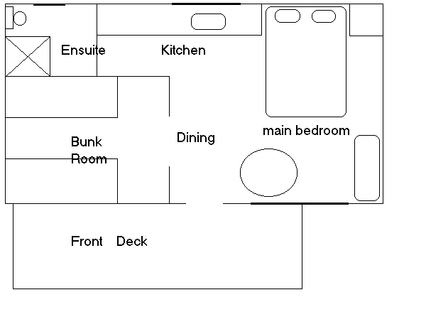 Floorplan of cabins 4 and 6, sleeps 6: bunk room, ensuite, kitchen, dining, main bedroom and front deck