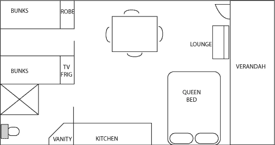 Floorplan of cabins 7, 34 and 62, sleeps 6: two sleeping areas, bathroom, kitchen and living