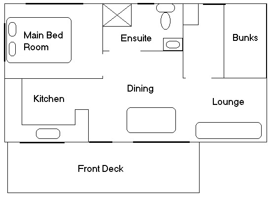 Floorplan of cabins 1 and 2, sleeps 5: main bedroom, ensuite, bunks, kitchen, dining, lounge and front deck