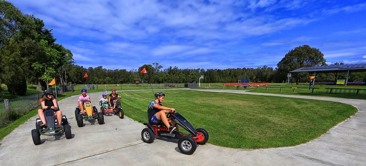 Four children riding pedal karts along the path that loops around the lawn